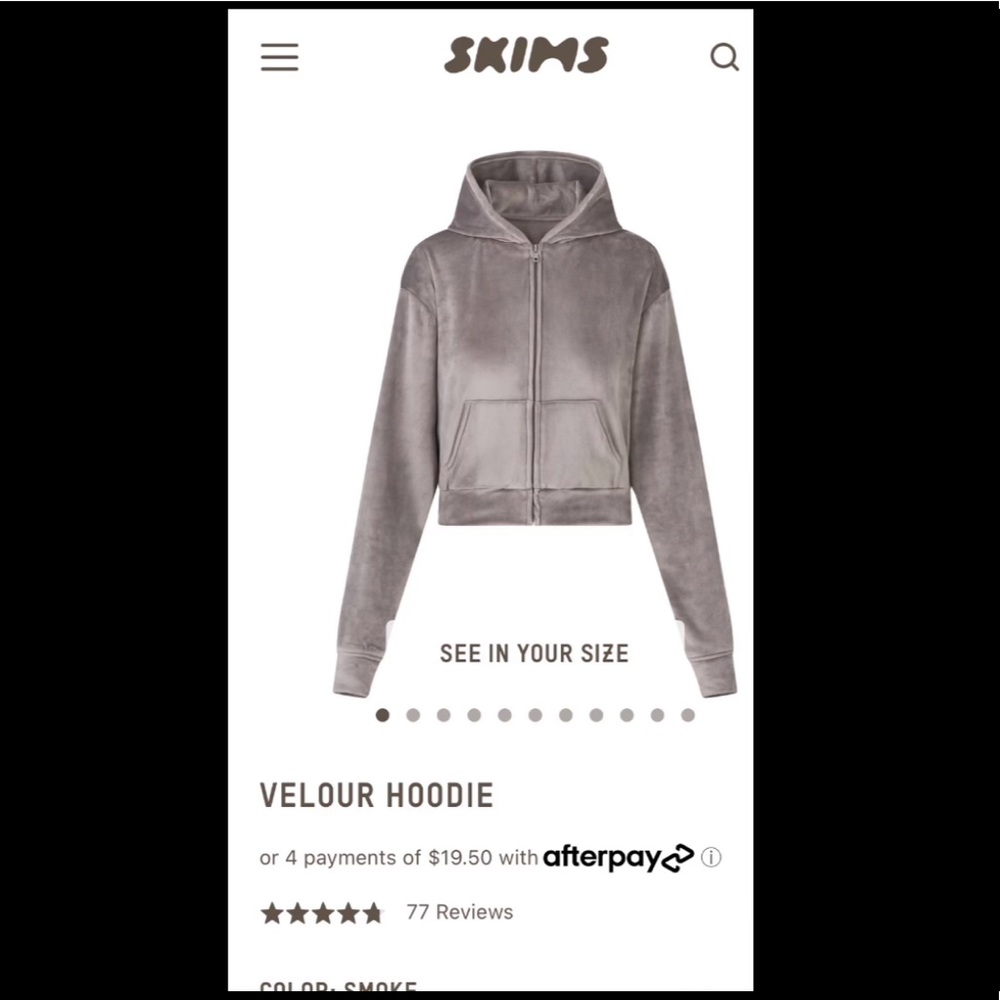 SKIMS VELOUR HOODIE- SMOKE - size M Brand new!!